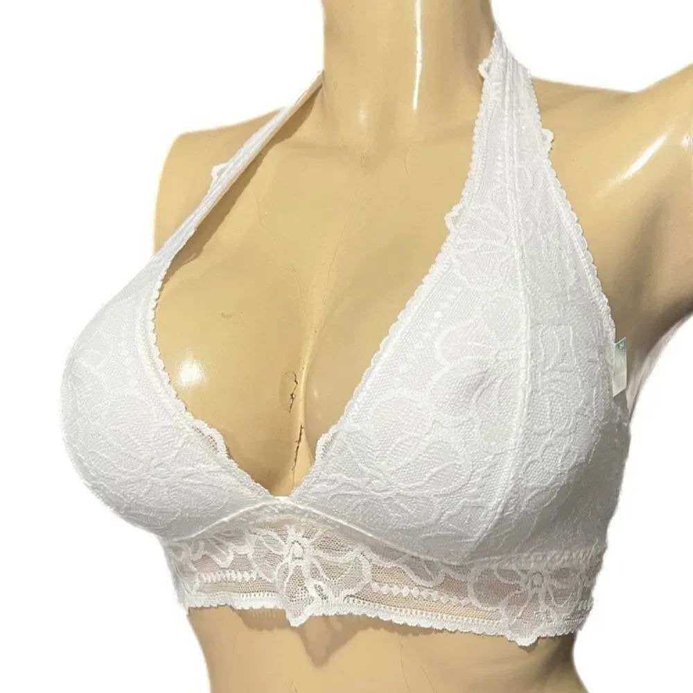 Victoria’s Secret Pink floral lace Unlined Halter bralette bra white Large A-C